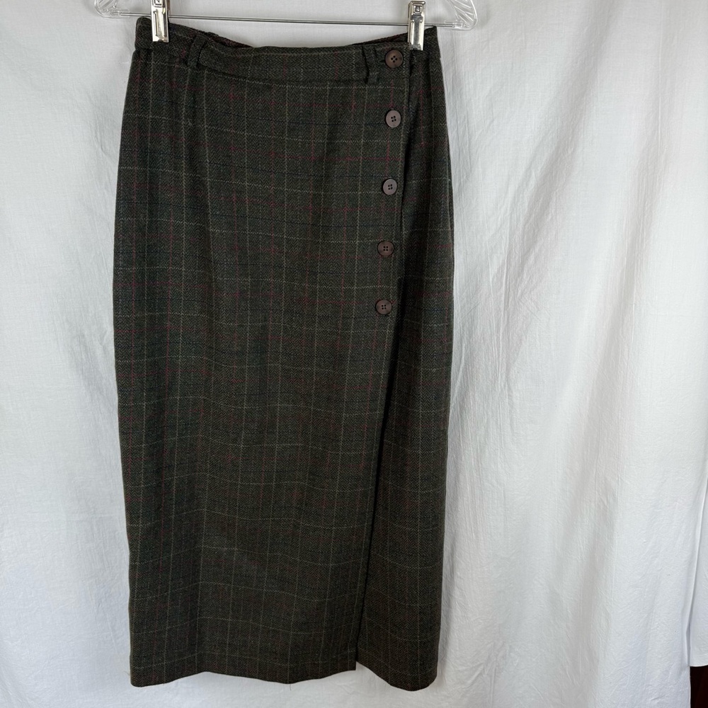 Elegant Vintage Green Plaid Tweed Women's Wrap Skirt